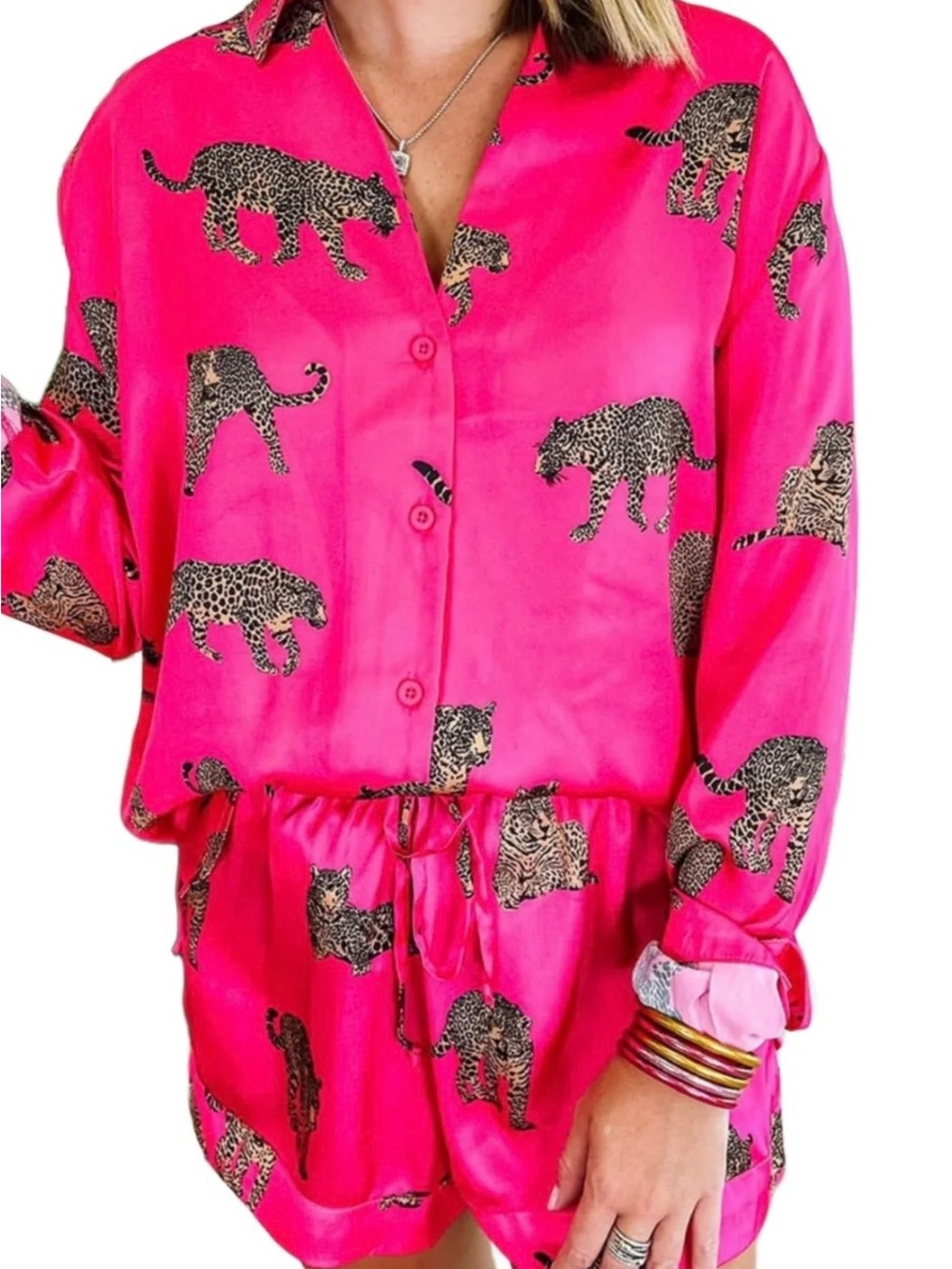 Show me your MUMU- Women's Hot Pink Leopard Print Satin Pajama Set